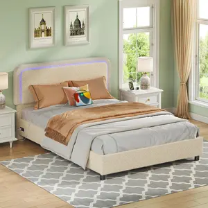 Queen Size Boucle Bed Frame with RGB LED Lights & Built-in Charging Station Upholstered in Soft Teddy Fabric Beige Noise-Free Design for Comfortable Sleep Headboard And Storage