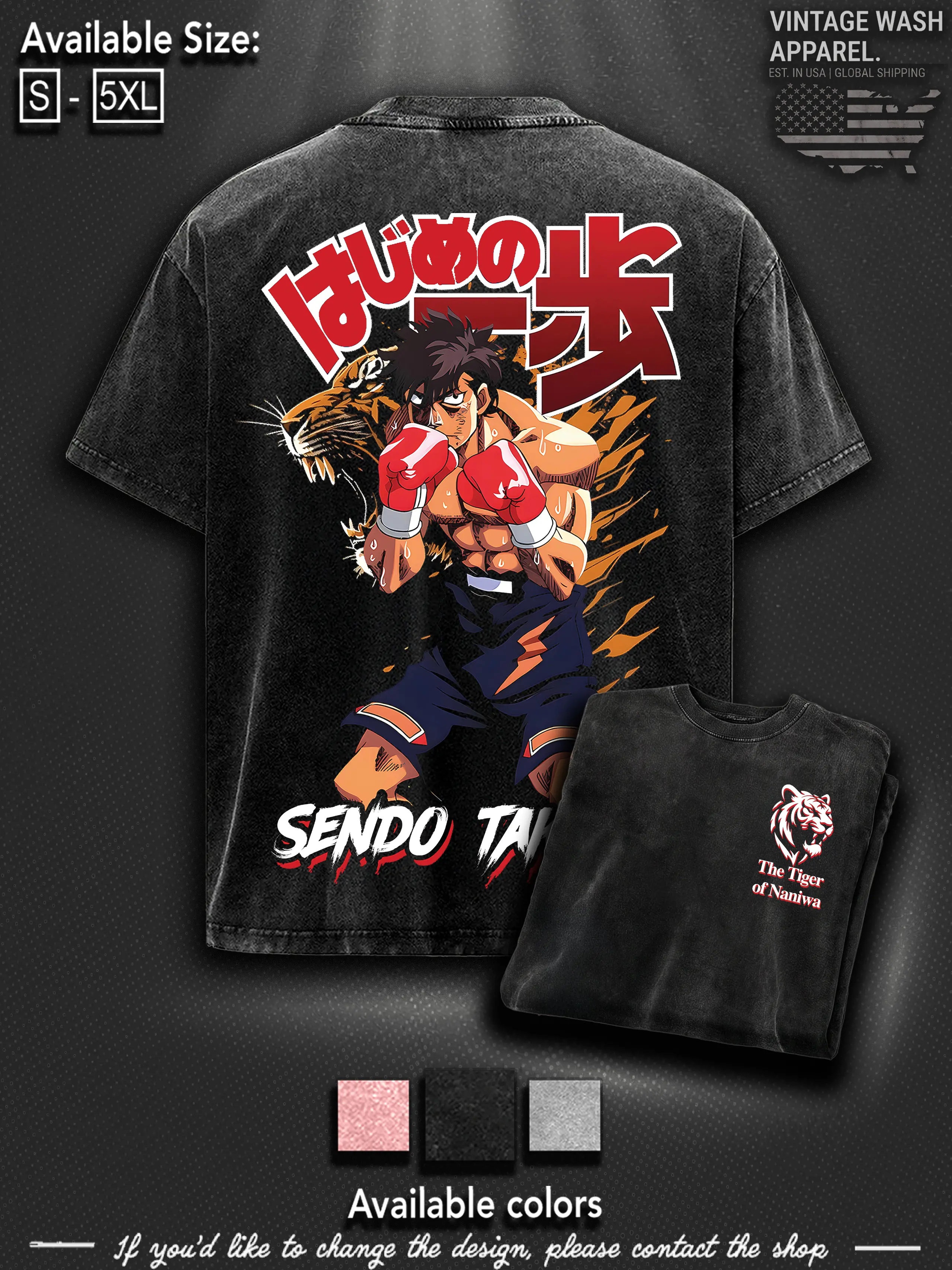 Takeshi Sendo Hajime no Ippo T-Shirt Anime Manga Double Printed Acid Washed T-Shirt Tanktop Graphic tees 90s Oversized Top Streetwear Soft merch