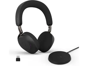 Jabra Evolve3 75 On-Ear Wireless Bluetooth Headset with Mic and Wireless Charging Stand for Work, USB-C, AI Voice Call Technology, Advanced ANC, 22-Hour Battery, Microsoft Teams Certified, Black