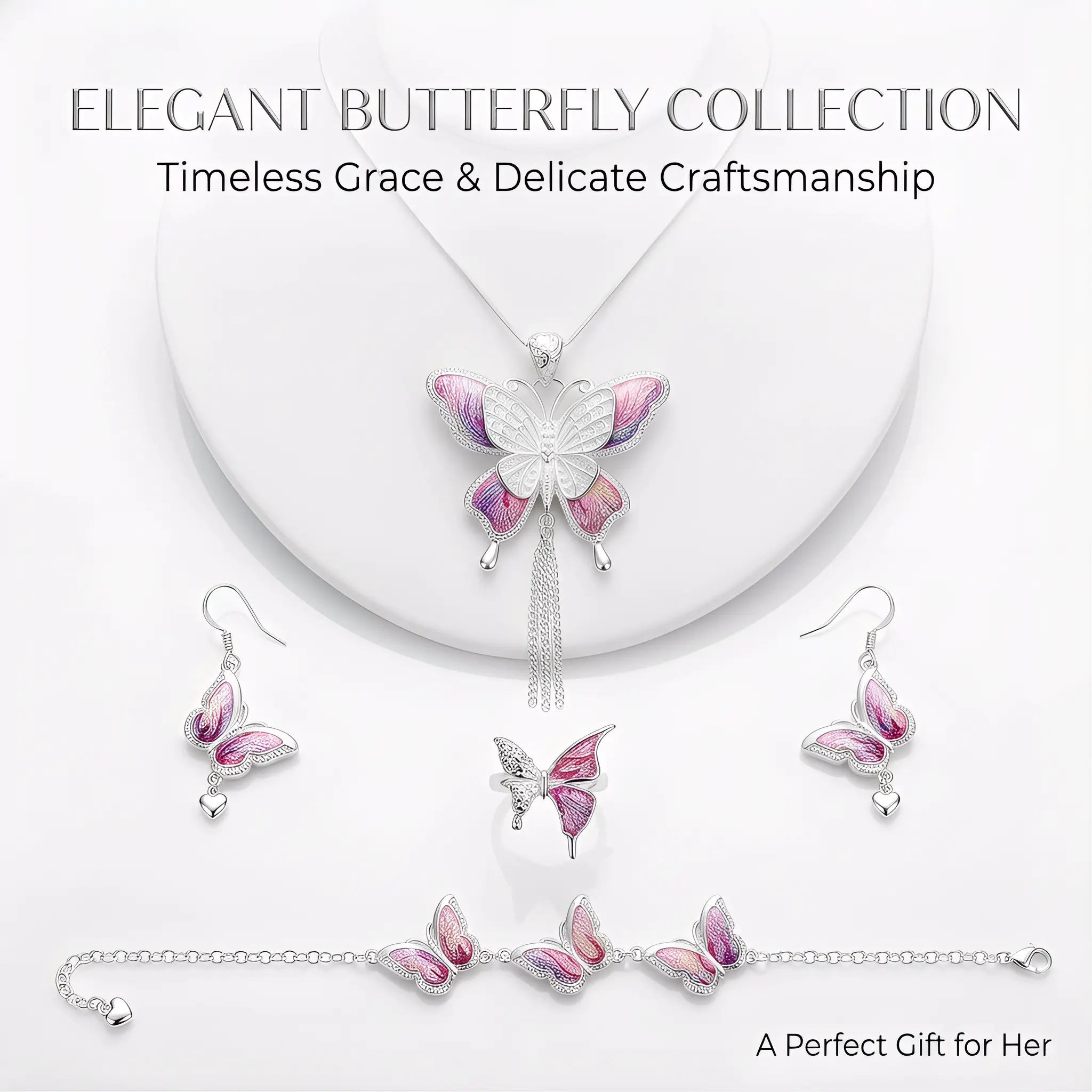 Women's Ethnic-Inspired Handcrafted Artisanal Casual Miao Embroidery Boho 4-Piece Jewelry Set - Butterfly Design Necklace, Earrings, Bracelet, Ring Gift Set, Casual Jewelry Sets, Handcrafted Jewelry Sets