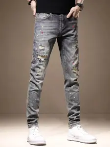 Men's Slim-Fit Distressed Painted Jeans, Vintage Washed Casual High Street Ripped Elastic Denim Jeans, All Seasons Plain Pattern Streetwear
