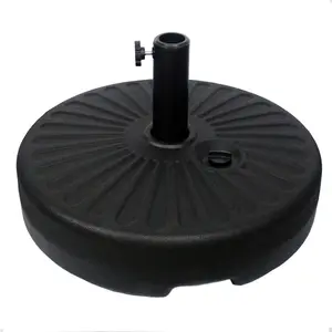 【SummerVibes】 Windproof HDPE Plastic Round 23L 20" Water-Filled Heavy-Duty Patio Outdoor Umbrella Base Stand, Steel Holder for 38mm or 48mm Dia Poles (Black)