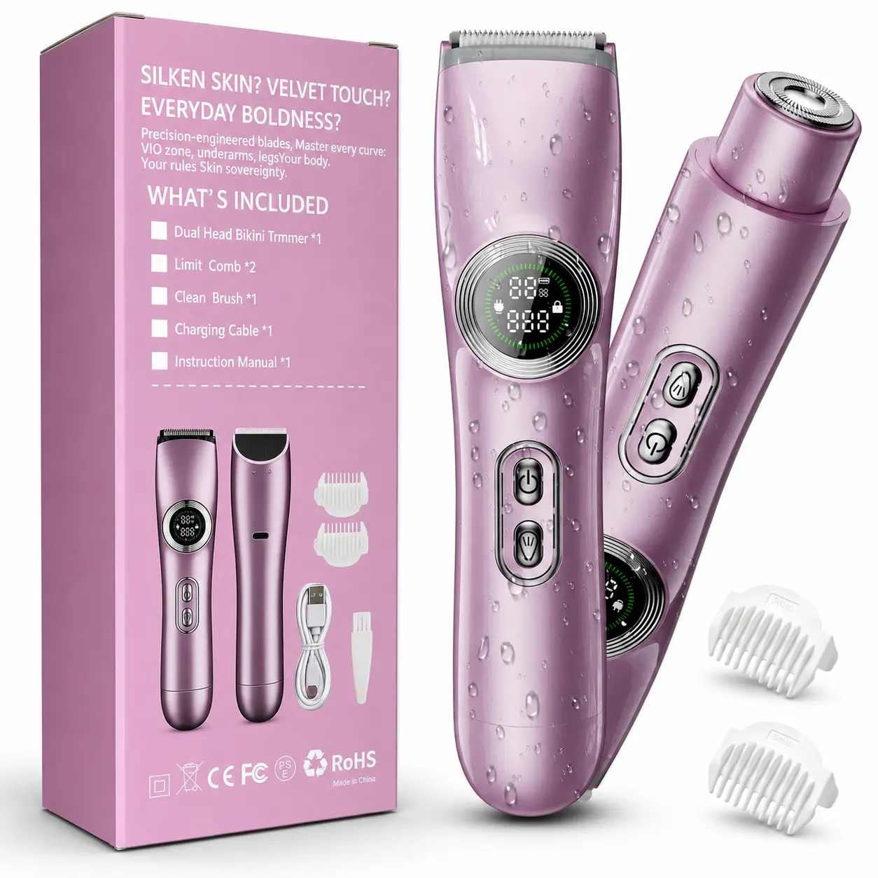 Bikini Trimmer for Women, Electric Shaver and Razor Rechargeable 2-in-1Body and Facial Epilator, Dual Heads for Painless Trimming of Pubic Hair, Face, Underarms and Legs, IPX6 Waterproof. Christmas Gift New Year Gift Shaving Grooming