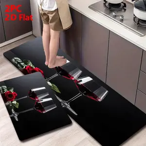 2pcs/3pcs Flannel Kitchen Mat Set, Base with Wine Glasses and Rose, Non-Slip, Absorbent, Vintage Industrial Style, Decorative Mats