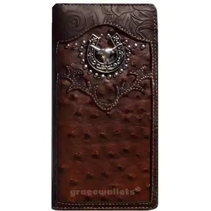Men's Western Bifold Checkbook Wallet Brown Leather with Longhorn Design Multiple Bill Pockets Id Window
