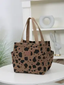 Large Capacity Cow Print Corduroy Handbag, Zippered Semi-sealed Carrying Bag, Fashionable and Simple Style Work Bag, Durable Lunch Bag, Thick Storage Bag for Daily Use