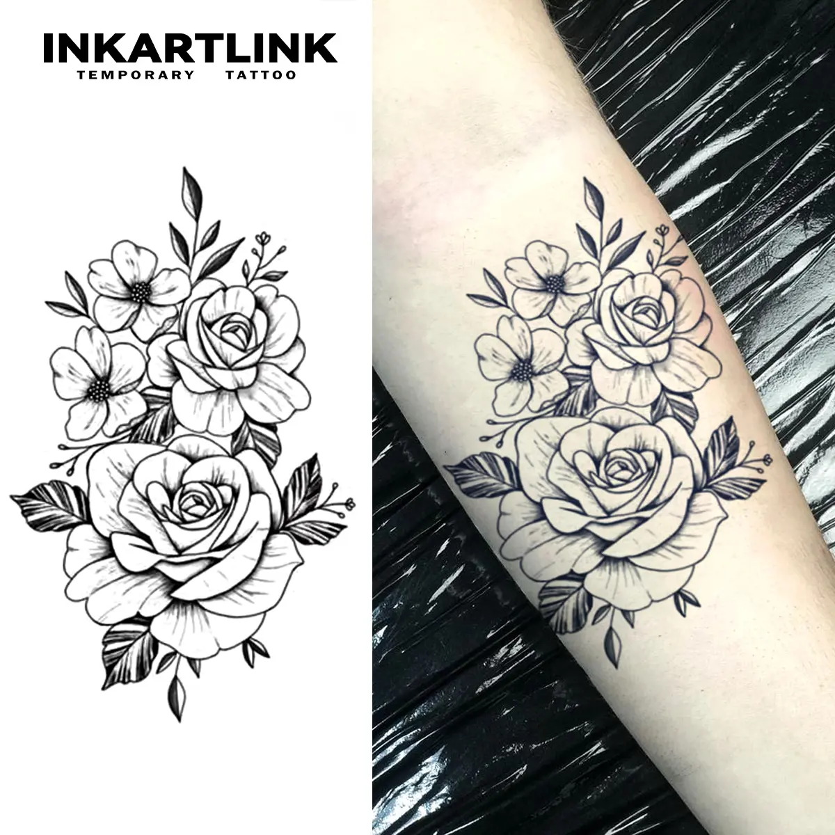 INKARTLINK Tattoo Tech, 2 Sheets Semi-Permanent Temporary Tattoos ,Rose 3,Adult Art Design,Lasts 1-2 Weeks, Waterproof, Realistic Look, No Adhesive, No Reflection,For Man And Woman,Ideal for Swimming, Party