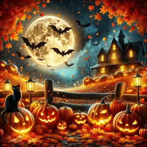 Halloween Themed DIY Diamond Arts Colorful Painting Kit Without Frame, Pumpkin & Cat & Moon Pattern DIY 5D Diamond Arts Colorful Painting for Home Wall Decor