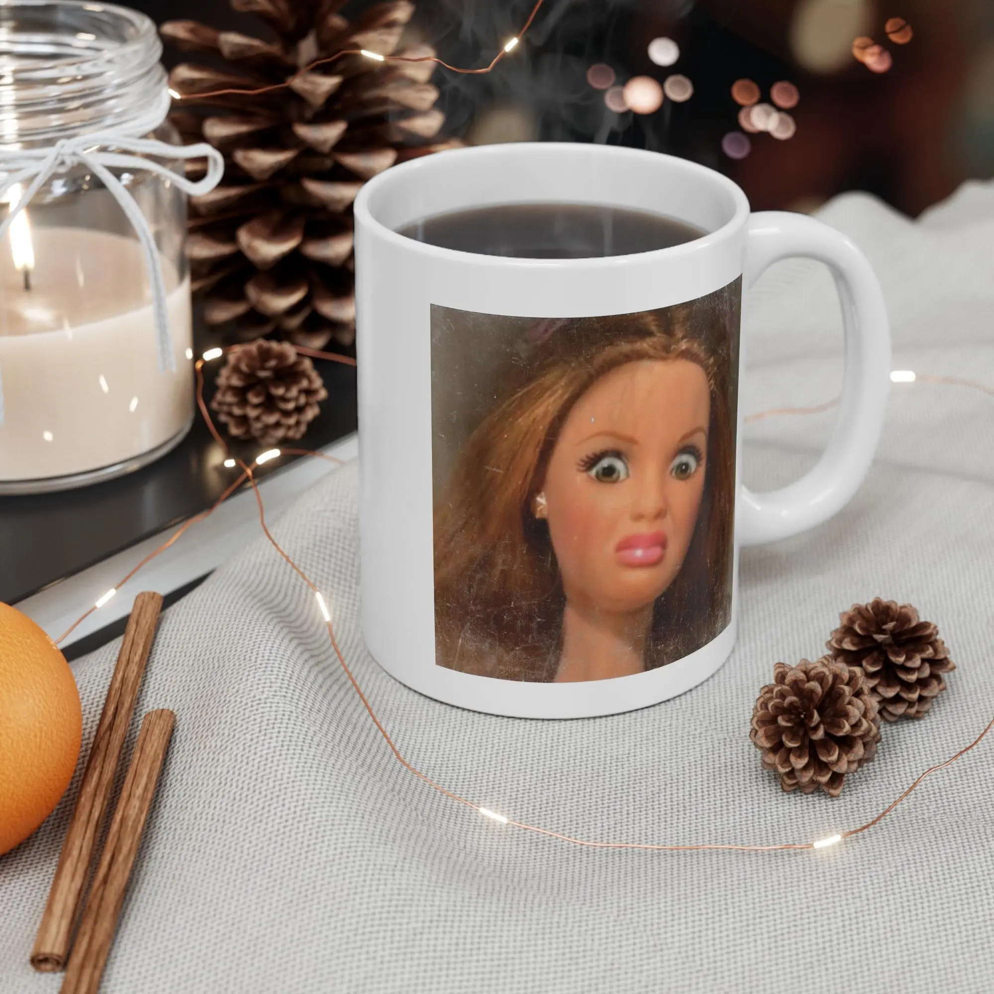 Ceramic Beverage Mug - Stylish Printed Drinkware with Funny Disgusted Doll Face, Washable Drink Cup, Thoughtful Gift for Mom - bbe10006