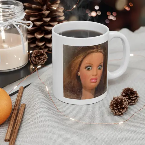 Funny Disgusted Doll Face Mug - Hilarious Coffee Cup Gift for Mom, Dad, Coworker or Friend - bbe10006