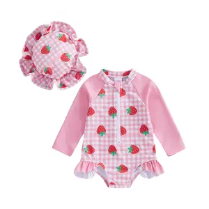 Infant Baby Girl Swimsuit  Long Sleeve Rash Guard with Hat Set Floral Zipper Bathing Strawberry Plaid Print Beach Wear