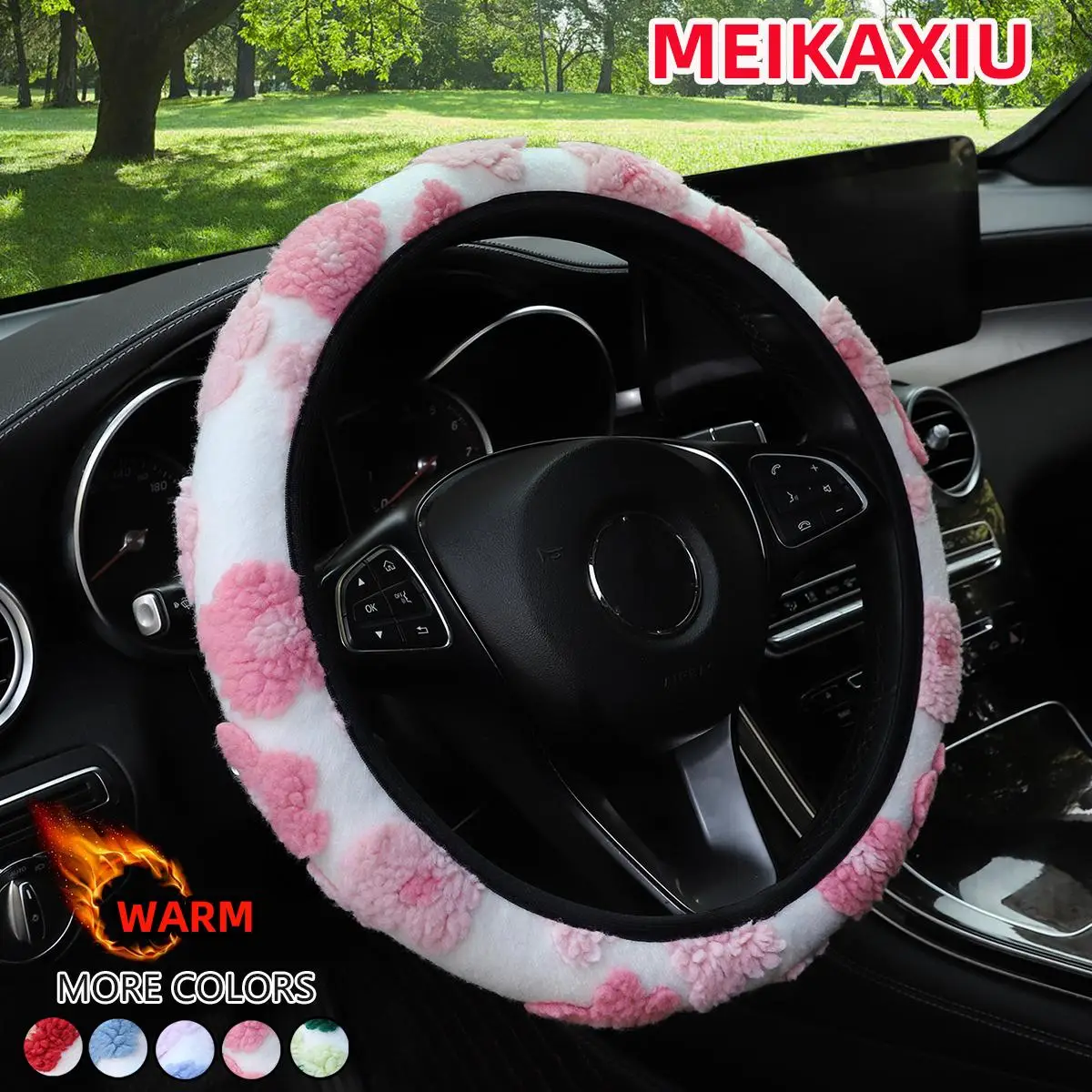Cute Flower Design Car Steering Wheel Cover, Soft Plush Car Steering Wheel Protector, Universal Car Interior Decoration Accessories for Women & Girls