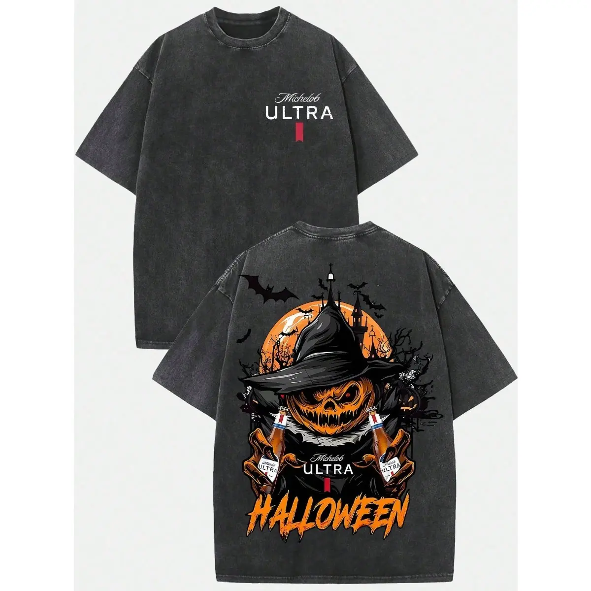Men’s Vintage Washed Michelob Ultra Halloween T-Shirt, Pumpkin Witch Beer Graphic Tee, 230G Heavy Cotton Oversized Streetwear, Spooky Party Shirt, Halloween Gift for Men Casual Classic