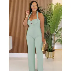 summer spring clothes Women Fashion Straight Jumpsuit Summer Trend Twist Bandage Halter Ruched Hollow Backless Sleeveless Classic Outfits