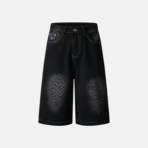 Aelfric Eden Leopard Washed Longline Jorts Contrast Stitch Pocket Logo Leopard Print Denim Shorts Unisex Streetwear Bottoms