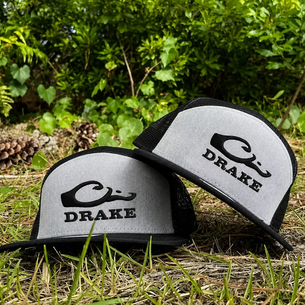 Drake Logo Camo Trucker Hat | Old School Bottomland 7 Panel Snapback Cap | Embroidered Hunting Hat for Men and Women