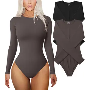 Women's 2 Piece Bodysuits Sexy Ribbed One Piece Long Sleeve Round Neck Tops Bodysuits