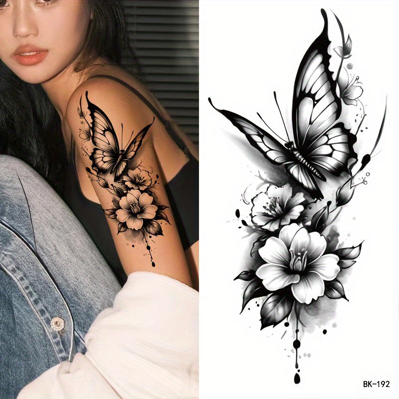 Women's Glue-Free Waterproof Fragrance-Free PVC Glitter Temporary Tattoo Stickers - 6 Assorted Casual Chic 3D Black & White Butterfly, Floral Body Art Sheets for Children