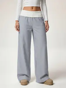 Women's Fold-Over Waist Striped Wide Leg Pants 2026 Casual Streetwear Perfect For Everyday And Night Out Stylish Viral TikTok Must Have Fashion Essential