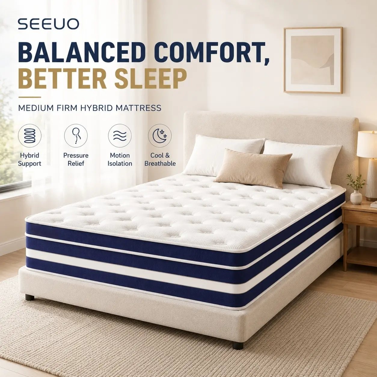SEEUO 10/12/14 Inch Hybrid Mattress in a Box, Medium Firm Cooling Gel Memory Foam & Individually Wrapped Pocket Springs, Pressure Relief, Motion Isolation, Lumbar & Edge Support, Twin Full Queen King, Supportive Memory Foam, Adults