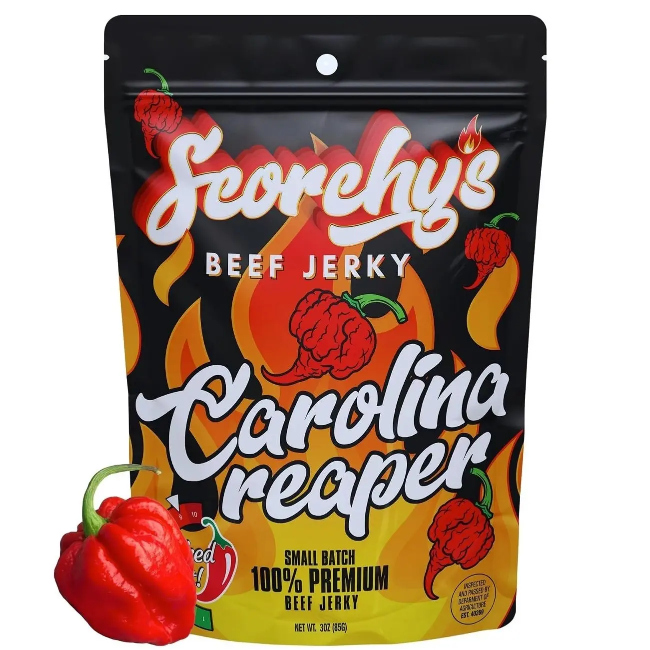 Scorchy's Jerky - Carolina Reaper Beef Jerky - Hand-Crafted Small Batch Jerky - Spicy High Protein Snack | Low Calorie and Low Fat - 30z - 1 pack