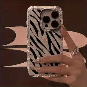 Zebra pattern luxury rhinestone fashion phone case, transparent flash diamond frame star case anti-drop case, suitable for iPhone 17 16 15 14 13 12 11 X XS XR Pro Max Plus Air series, ideal birthday or new year gift for friends, family and loved ones