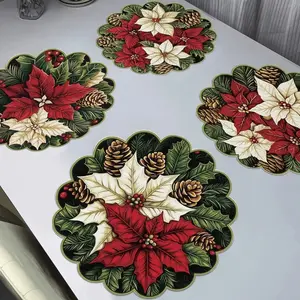 4pcs Winter Poinsettia & Pine Cones Pattern Round Waves Placemats, Non-Slip Fabric Table Mats, Heat Resistant, Dry Clean Only, Winter Decor