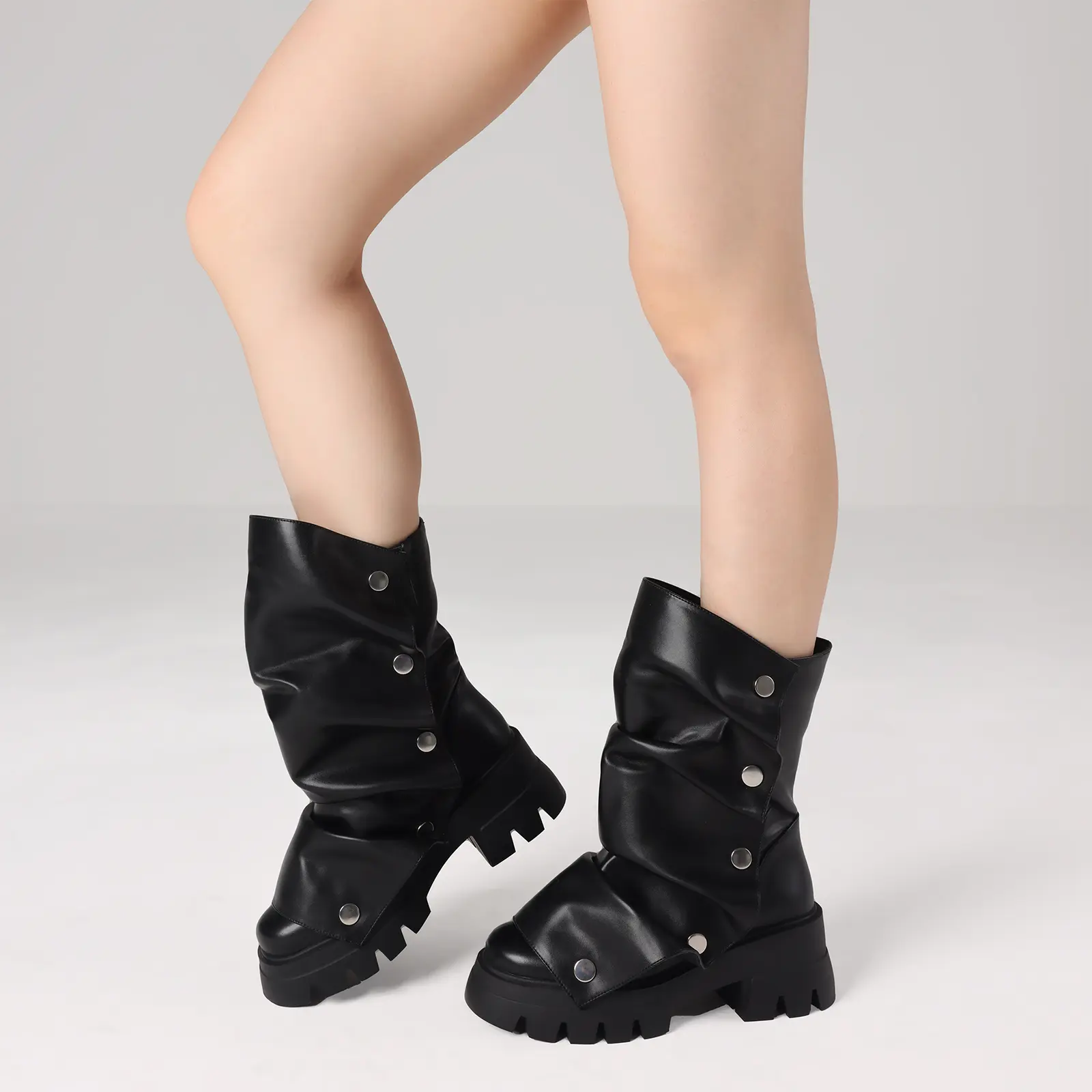 VIMISAOI Womens Platform Slouchy Fold Over Boots Mid Calf Block Heel Round Toe Western Pull on Fashion Trendy Boots For Women