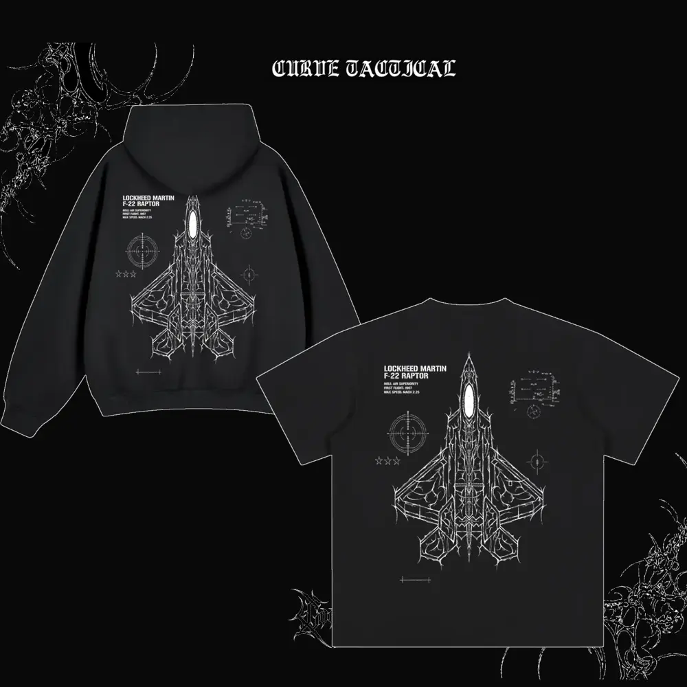 Curve Tactical Lockheed Martin F-22 Raptor Blueprint Hoodie | Stealth Fighter Jet Streetwear Pullover | Oversized Gothic Sweatshirt | Black | Tactical Aesthetic Unisex Top