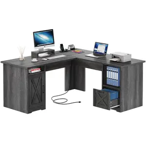Yitahome L Shaped Desk with Power Outlets, 60 Inch Computer Desk Corner Desk with File Drawer, Home Office Desk with Monitor Stand & Storage Shelves, L-Shaped Desk with File Cabinet