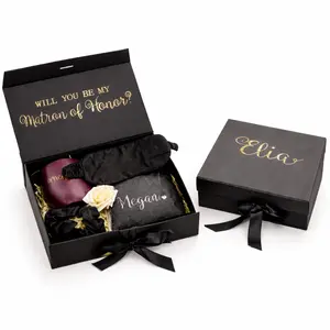 Taniri Personalized Bridesmaid Gift Box, Custom Satin Pajama Set with Matching Eye Mask and Scrunchie, Bridesmaid Proposal Box, Bridal Party Gift, Wedding Morning Gift, Elegant Keepsake Box with Gold Foil Text and Ribbon
