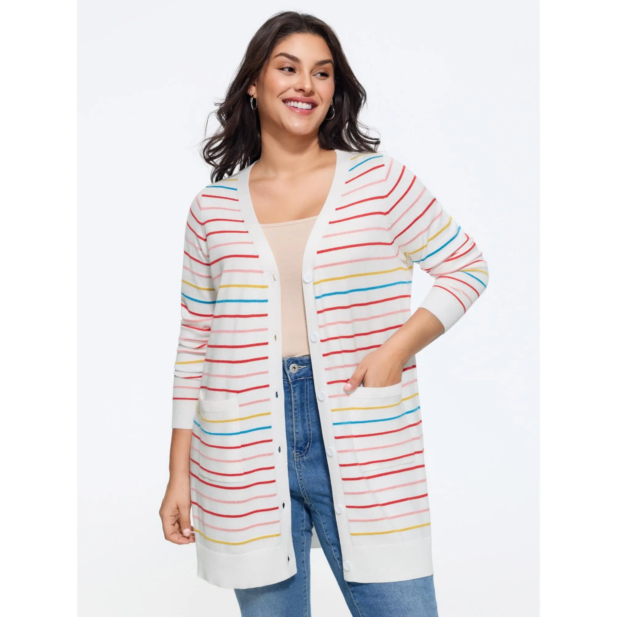 BLOOMCHIC Women's Plus Size Rayon Multi-Color Striped Cardigan - Patch Pockets, Regular Length, Gentle Wash, Sizes M-6X - for Back-to-School, Spotlight Day