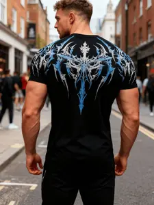 Men's Compression Gym T-Shirt, Short-Sleeve Muscle-Fit Workout Top with Blue & White Gothic Graphic Print, Quick-Dry High-Elasticity Athletic Tee for Bodybuilding, Training & All-Season Wear, Compression Sports Tee