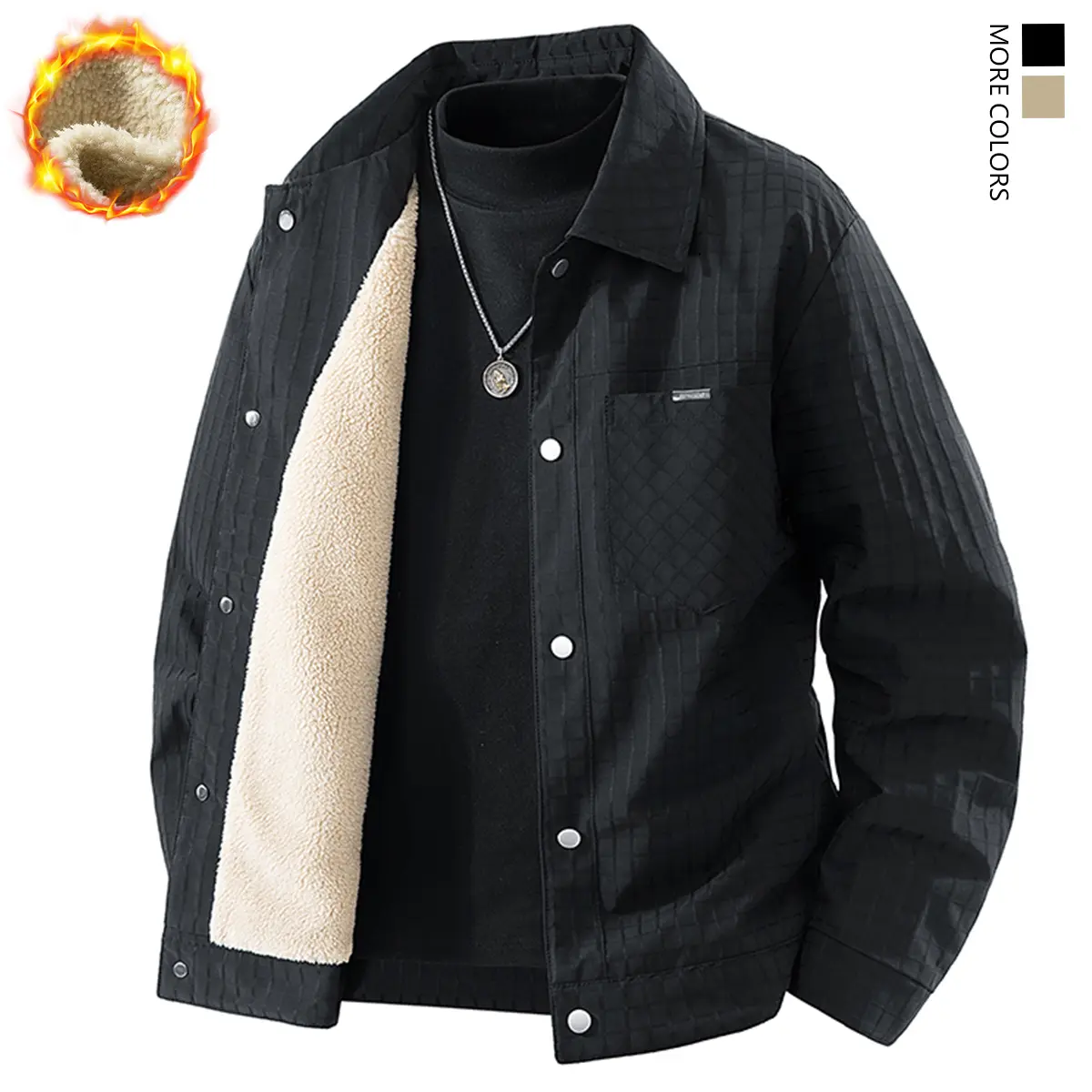 Men's Sherpa-Lined Winter Trucker Jacket Warm Multi-Pocket Casual Jacket Shirt Collar Men's Top Fleece-Lined Long Sleeve Autumn Fresh Khaki Jacket Outdoor Fun