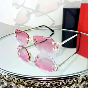 Luxury Rimless Round Cut Sunglasses Pink Lens Gold Frame with High-Quality Rhinestones and Diamond Shine UV400 Protection for Men & Women