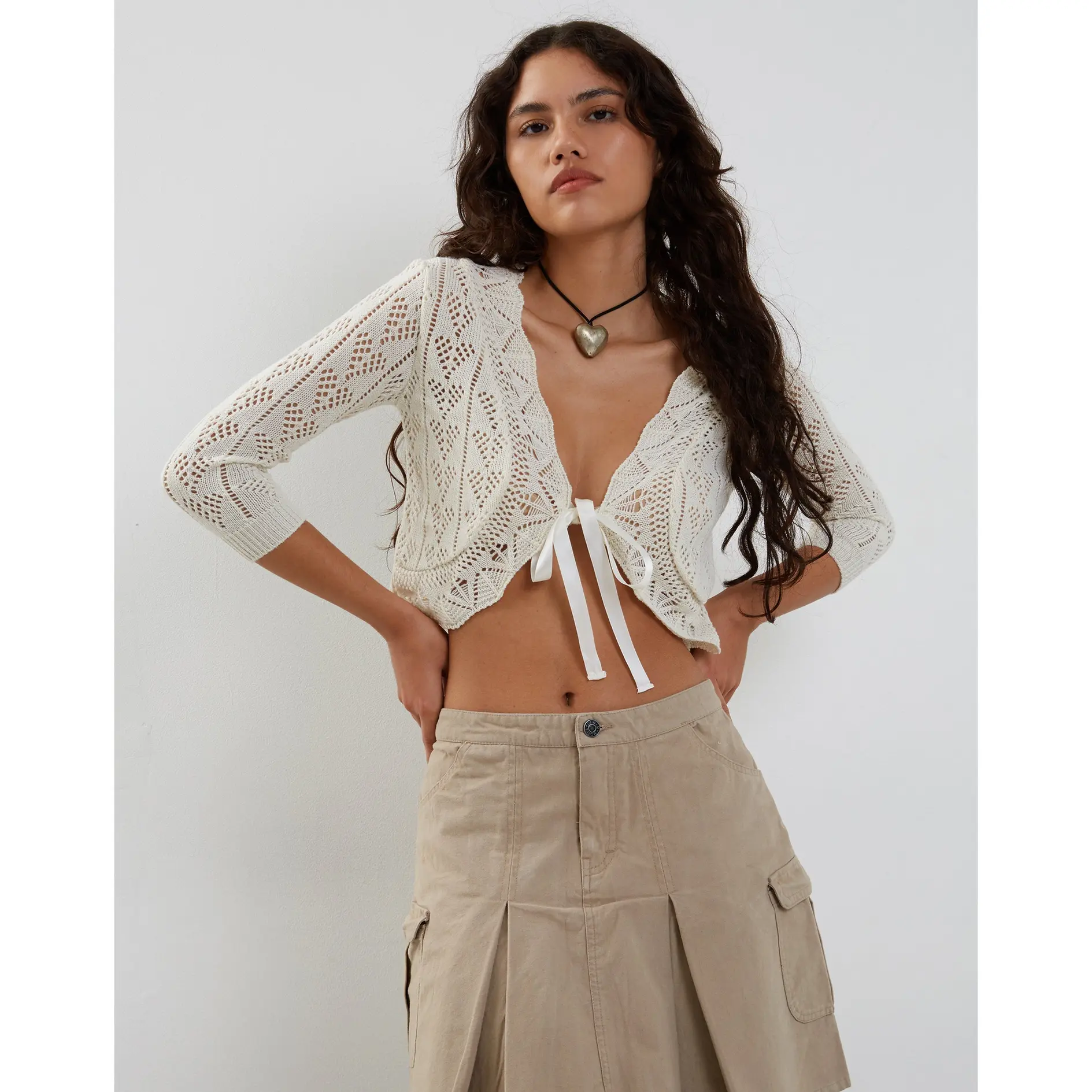 Avery Ribbon Tie Front Cardigan in Ivory