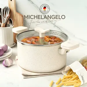 MICHELANGELO Pasta Pot with Strainer Lid, 6 Quart Cooking Pot with Twist and Lock Handles, Soup Pot with Nonstick Granite Coating, Spaghetti Pot, Cookware