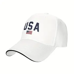 USA Flag Baseball Cap - White Casual Polyester Dad Hat with "USA" Design & American Flag