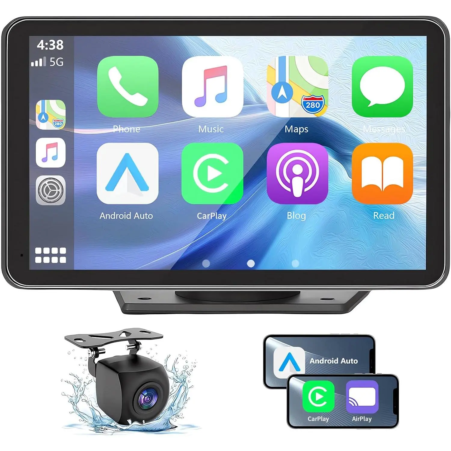 Wireless CarPlay Screen with Rear Camera, Portable Touch Screen Car Radio Multimedia Player with Bluetooth, Backup Camera, Navigation, Mirror Link for All Vehicles