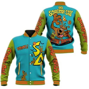 Scөөby-Dөө Varsity Jacket Mystery Machine Cartoon Graphic Bomber Jacket Men's Women's Vintage Letterman Streetwear Zoinks Scooby Snacks Retro Anime Coat Y2K Fashion Teal Green Full Size S-5XL
