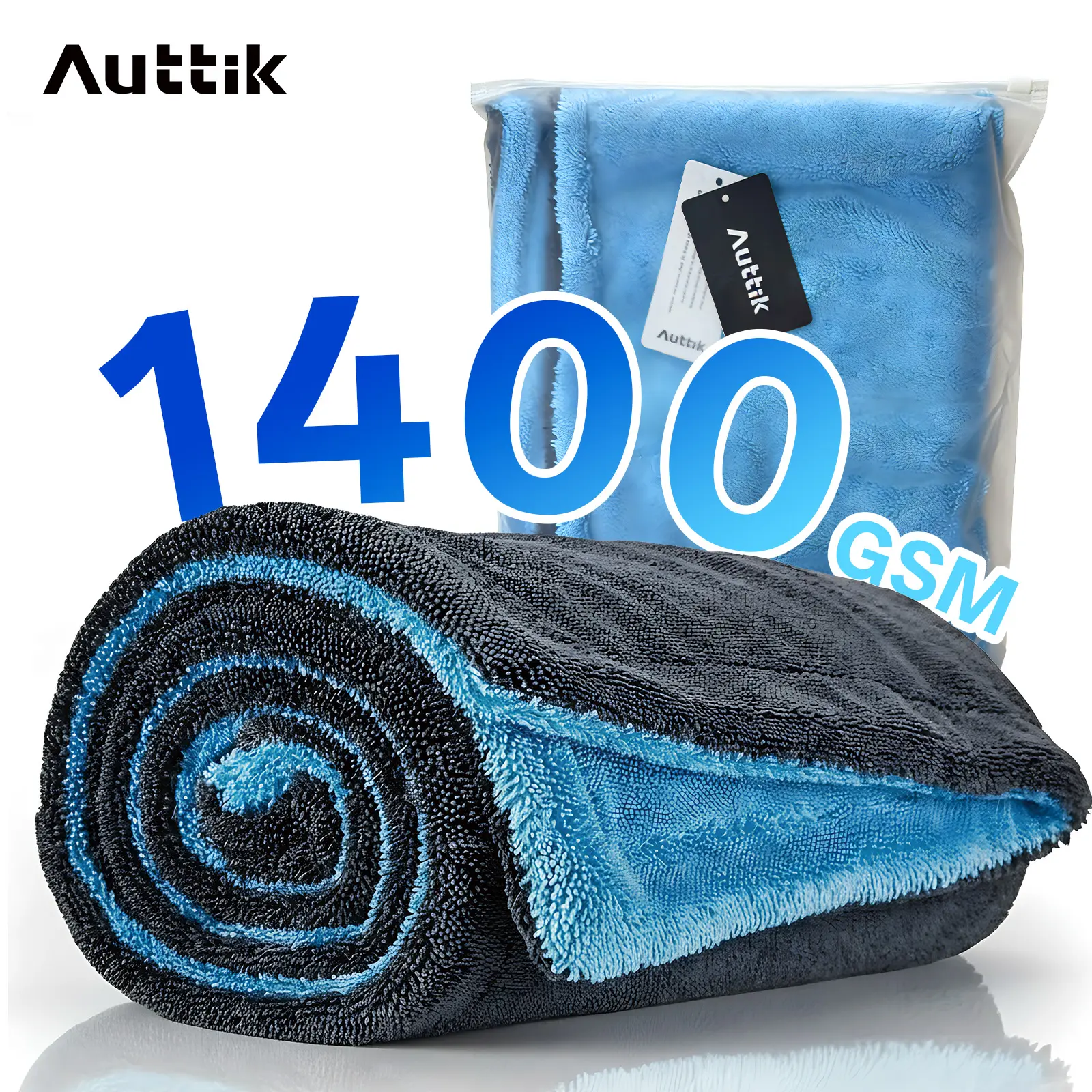 AUTTIK Full-sized 1400GSM Twisted Loop Microfiber Drying Towel - Dual-Sided Super Absorbent Car Wash Cloth, Scratch-Free Finish & Quick Dry for Auto Detailing