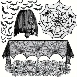 Halloween Spider Decorations Set, 5-Piece Table Runner & Cobweb Scarf, 60pcs 3D Bat Ornaments, Perfect for Holiday Party Supplies