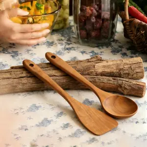 2PCS-Natural Wood Utensil Set, Non-Stick Kitchen Tools Spoon & Stirring Spoon, Wooden Spatulas, Kitchen Utensils, Perfect for Cooking & Serving, Ideal Mother's Day Gift