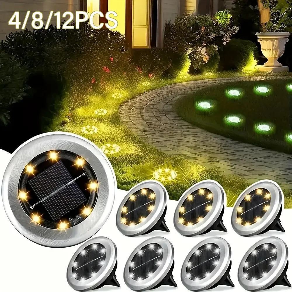 4/8/12-Pack Solar 8 LEDs Ground Lights, Solar Powered Lighting - Solar Outdoor Step Lights, IP65 Path Lights, Garden Lights, Outdoor Waterproof Lights for Steps, Paths, Lawns, and Landscape Lighting Outdoors - Warm White/Cool White