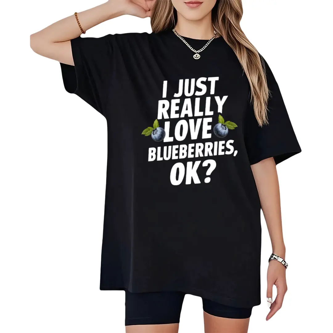 Women's Vintage Blueberry Graphic T-Shirt - "I Just Really Love Blueberries, OK?" Slogan & Berry Print - Soft Casual Short Sleeve Tee - Funny Foodie Apparel for Blueberry Lovers