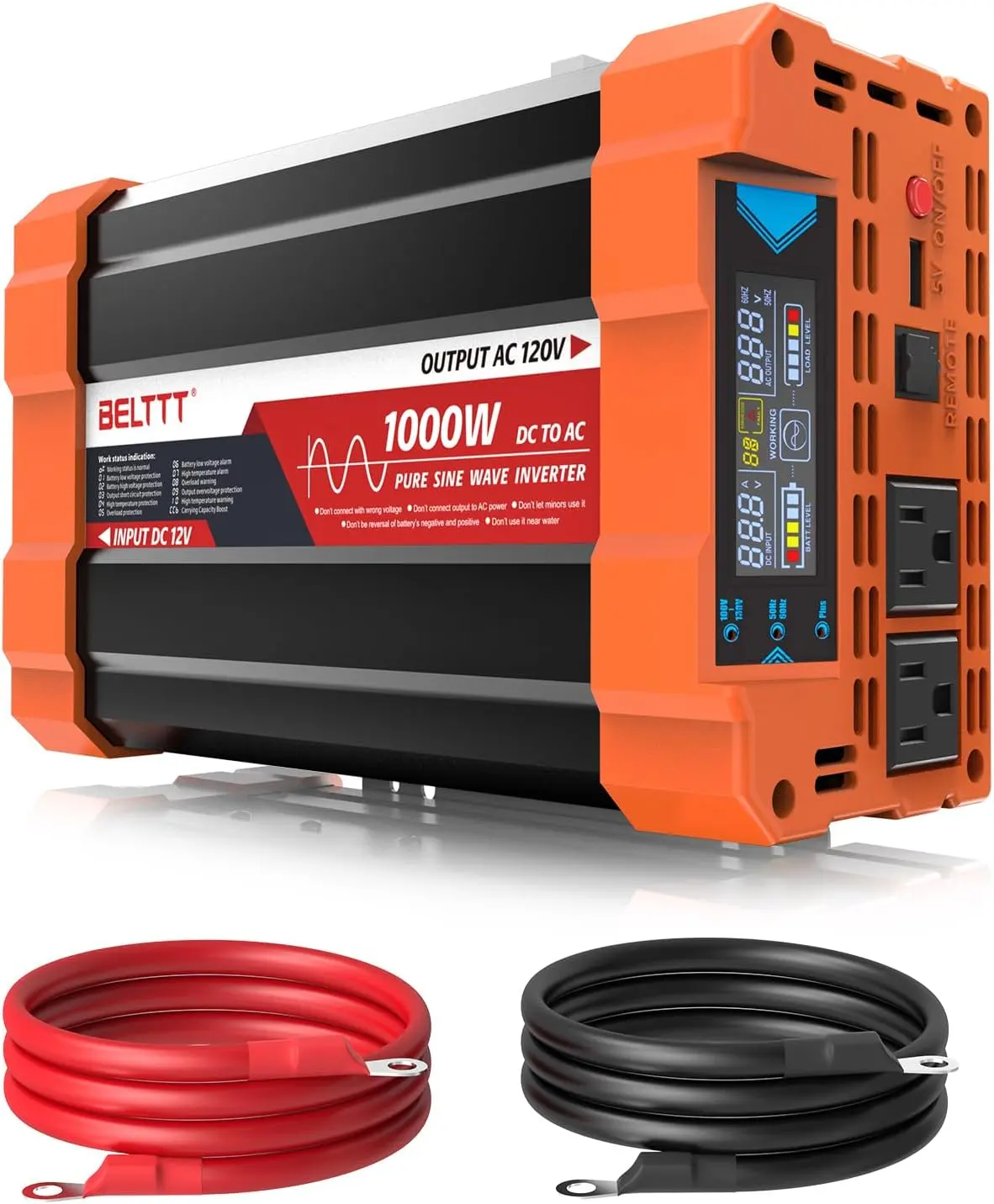 1000Watt Pure Sine Wave Inverter 12V DC to 120V AC, 2000W Peak | LCD Display, Dual AC Outlets, 5V 2.1A USB, Power Inverter for RV, Truck, Off-Grid Solar Inverter 12V to 110V Converter
