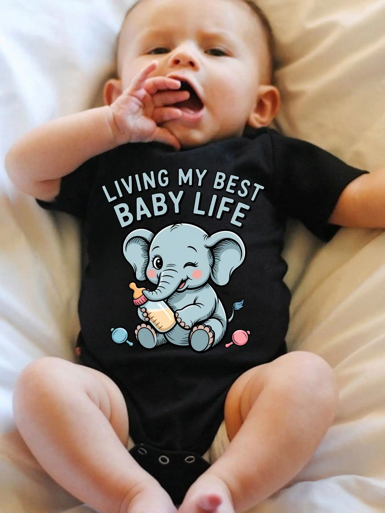 Baby "Living My Best Baby Life" Cute Elephant Cotton Onesie Bodysuit