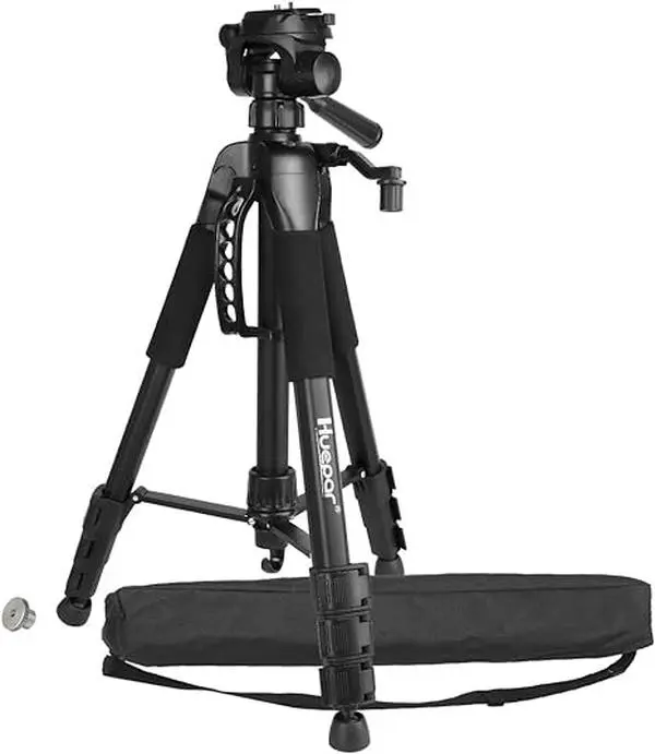 Huepar Lightweight TPD14 56" Adjustable Laser Level Tripod with 3-Way Swivel Pan Head, Quick Release Plate with 1/4" Screw Mount, Bubble Level, Multi-Function Hook and 5/8" UNF Adapter Nut