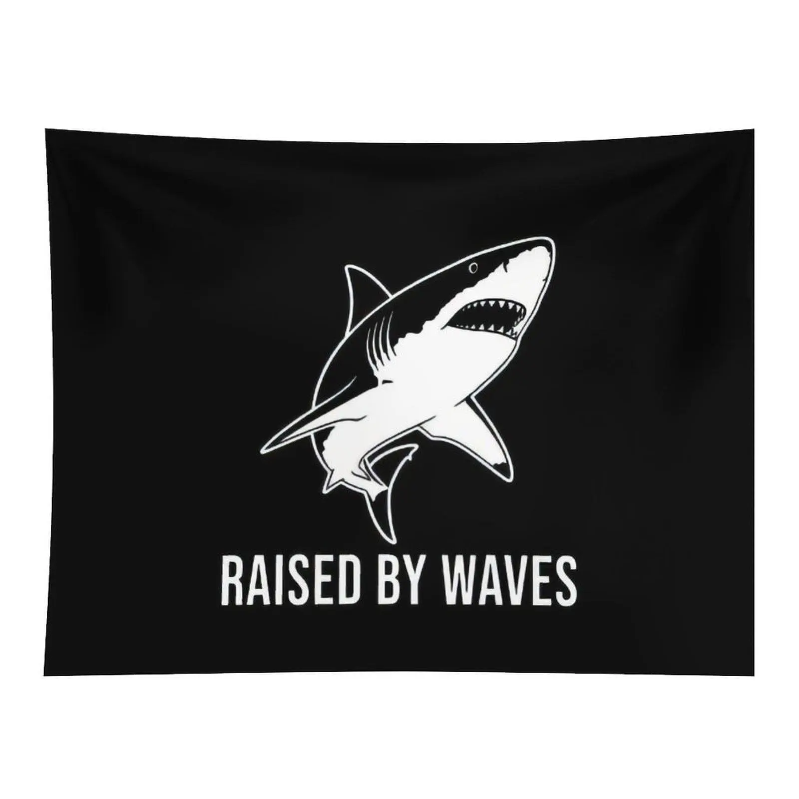 Black Background White Shark Graphic Raised By Waves Ocean Surf Theme Wall Tapestry Cool Marine Animal Art For Room Decor