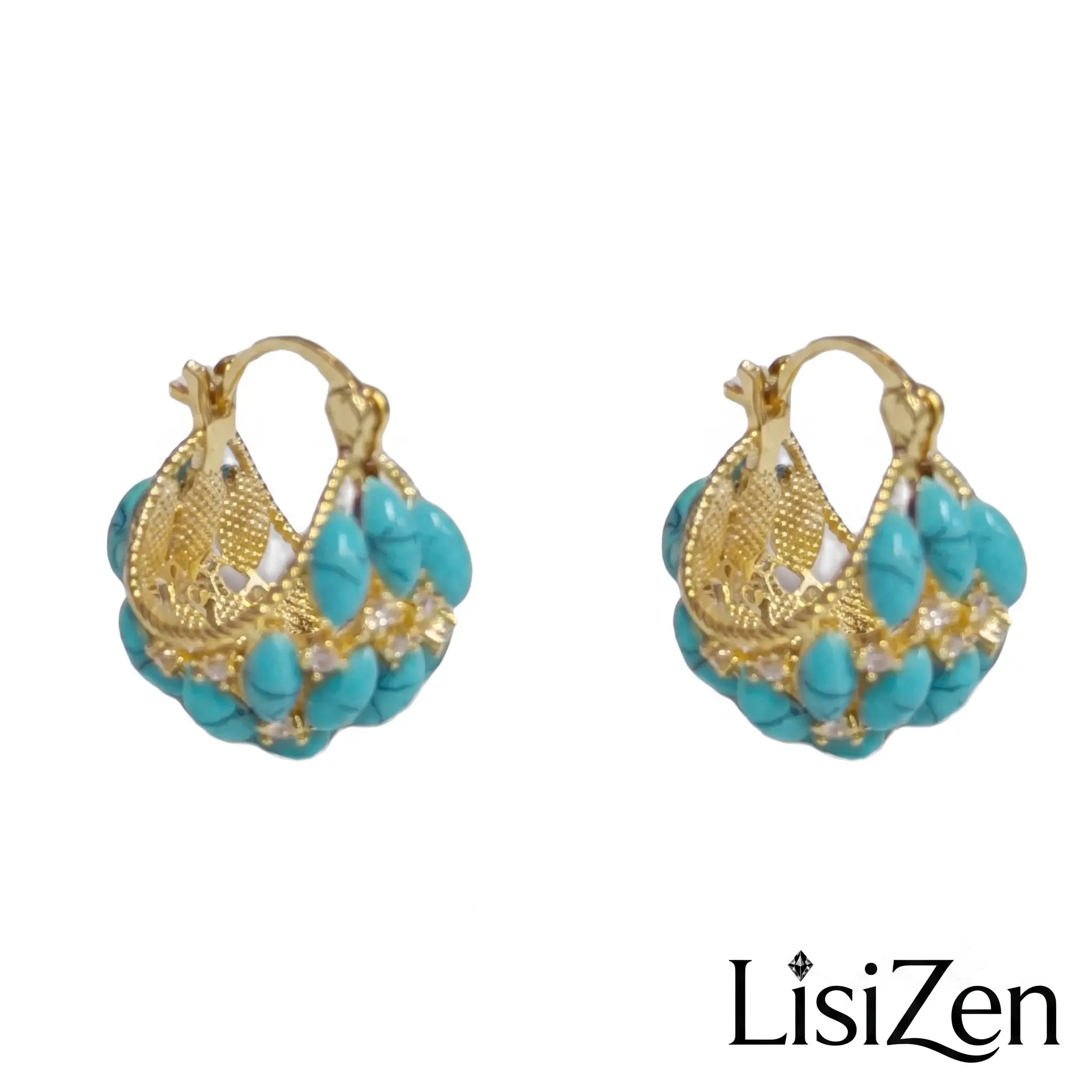 LisiZen Turquoise Color Basket Weave Hoop Earrings, Gold Plated French Style Jewelry DZEH6263
